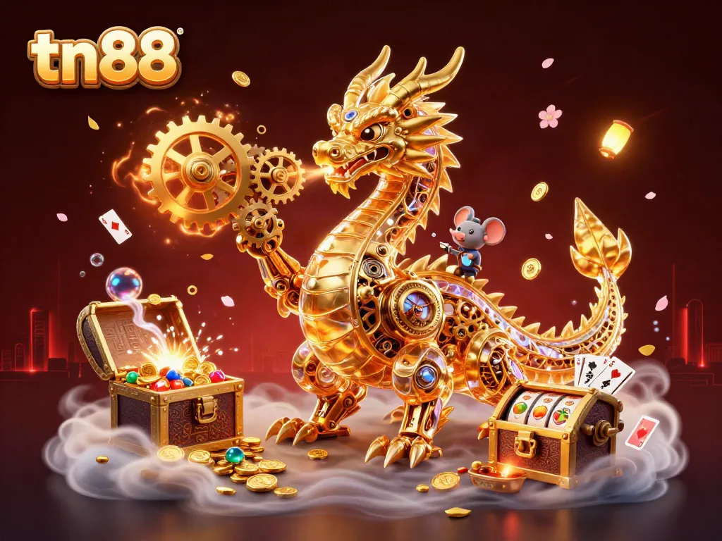 Engage in thrilling slots action with tn88 featuring a golden dragon and vibrant gaming elements.