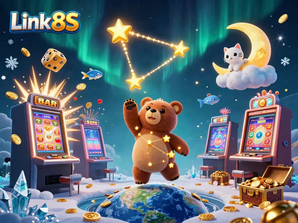 Engage with the fun of Link 8S as cartoon characters celebrate around a slot machine jackpot.