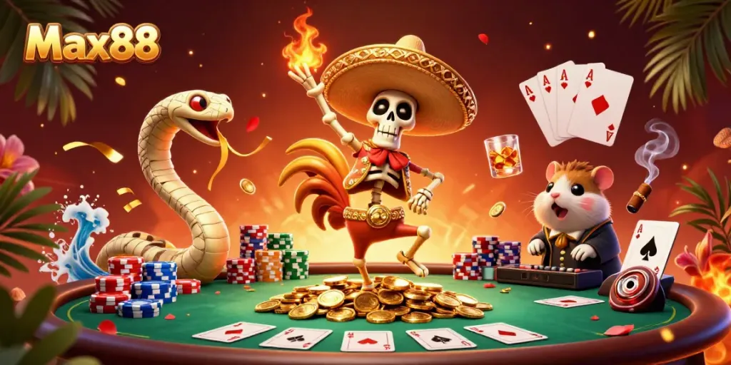 Max88 showcases thrilling winning vibes with a lively scene of characters celebrating amidst casino elements.