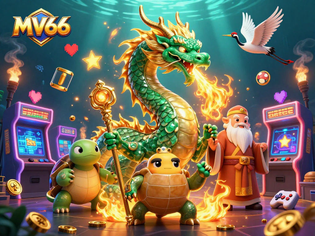 Experience the thrill of MV66 with a dynamic scene featuring a jade dragon and lucky cranes amidst gaming elements.
