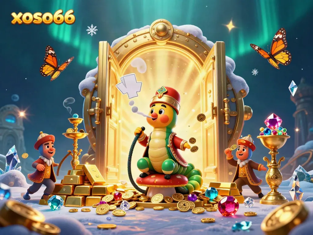 Experience the xoso66 online casino magic with vibrant 3D illustration of a whimsical hookah-master and treasures.
