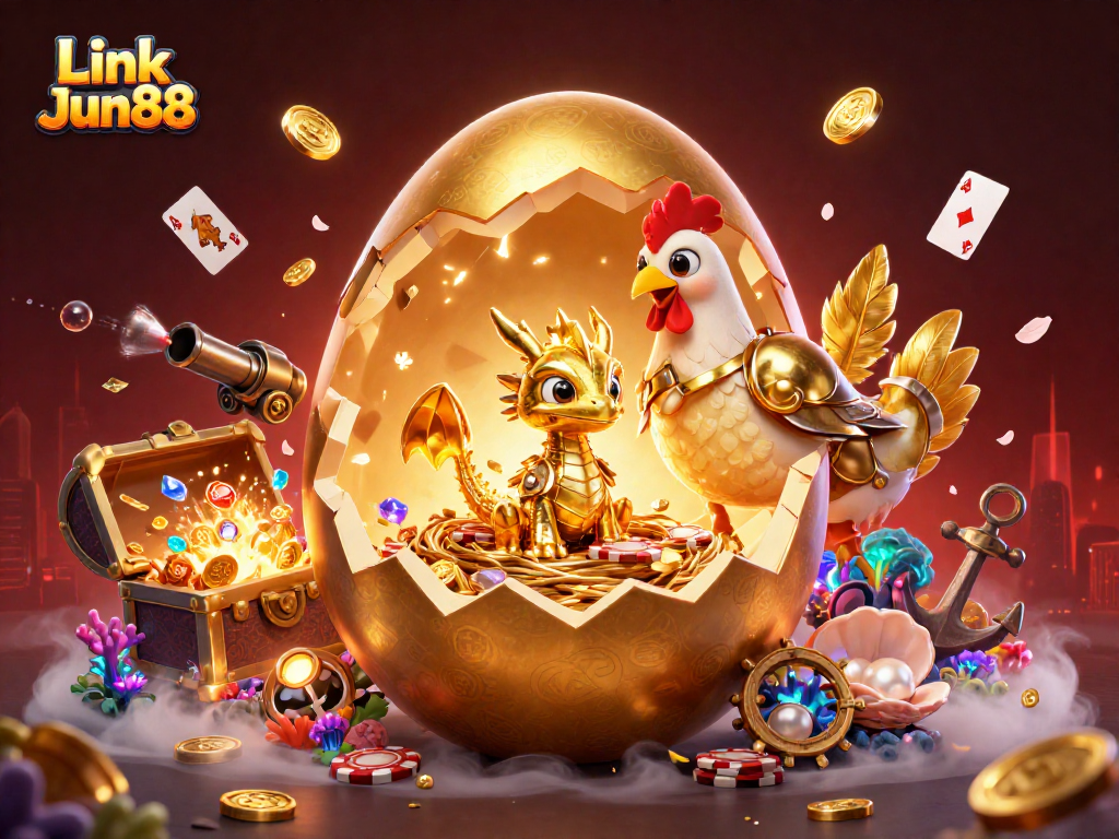 Experience the thrilling action at Link Jun88 with a vibrant, colorful casino illustration.
