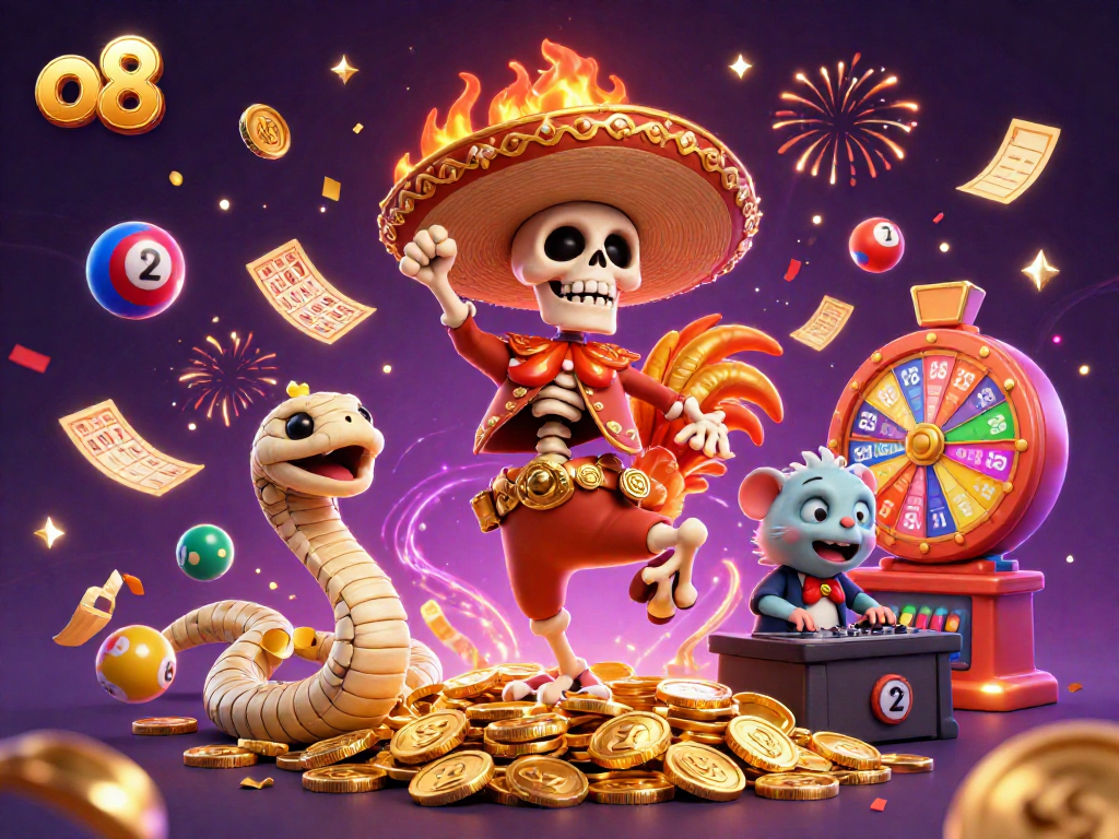 Experience big wins at o8 with a lively 3D illustration of a mariach skeleton dancing amid vibrant lottery elements.