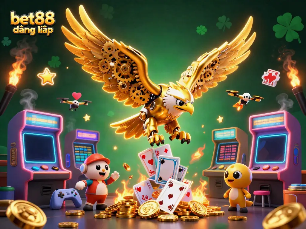 Experience exciting bet88 đăng nhập with a cybernetic eagle flying through holographic cards amidst vibrant casino elements.