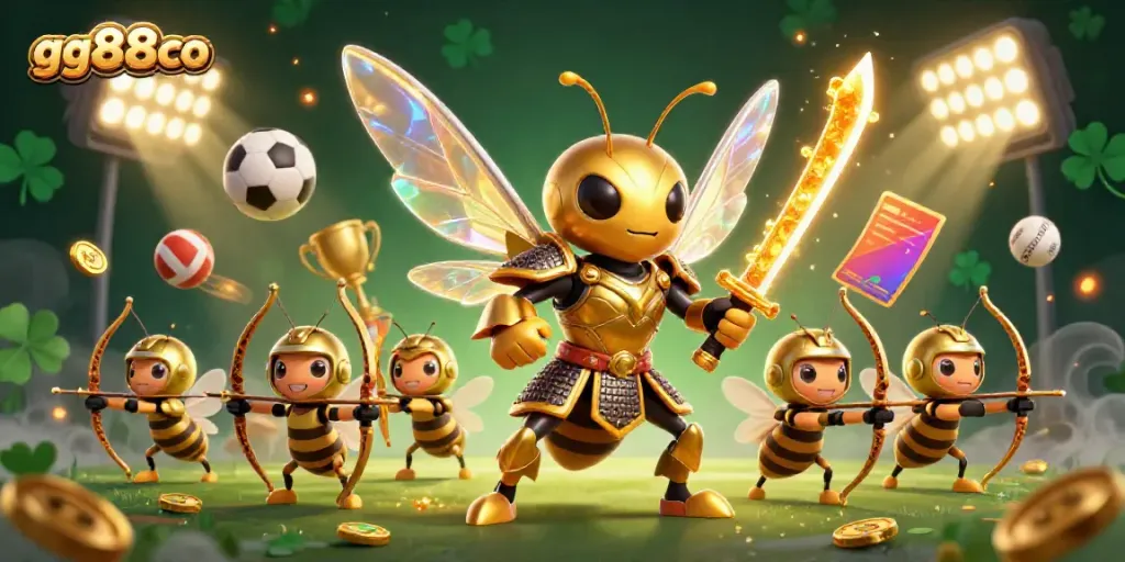 Bet on winning with gg88co in a vibrant casino scene featuring golden hornet warriors and sports elements.