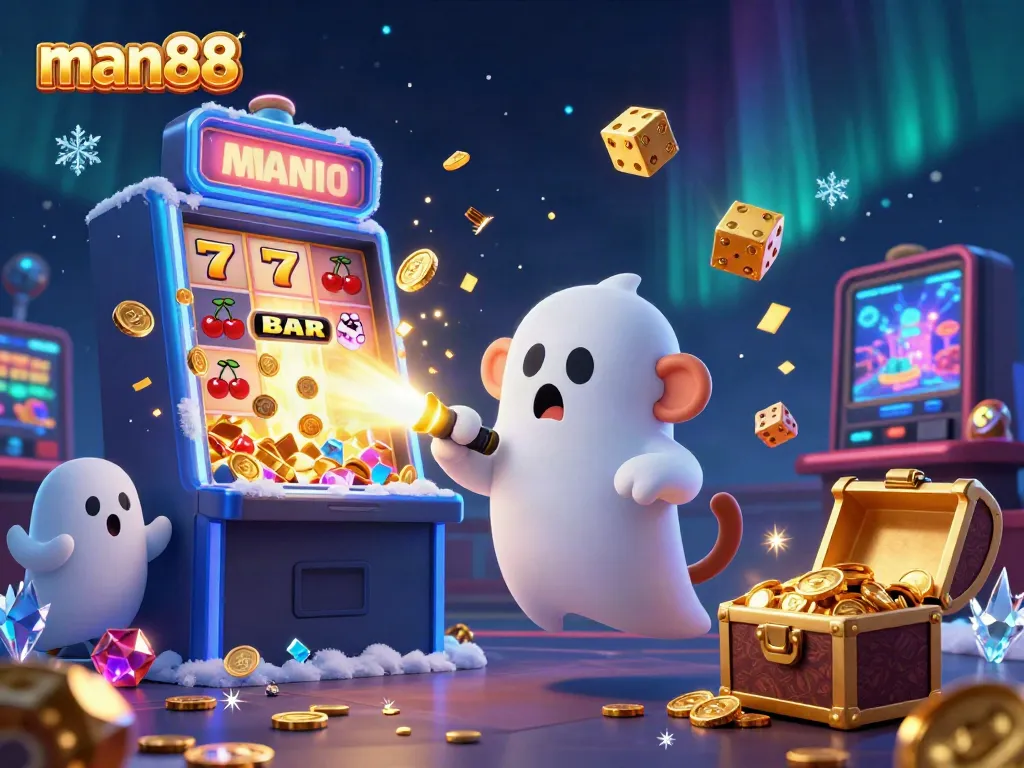 Experience the excitement of man88 with a mischievous monkey juggling gold in a vibrant casino scene.