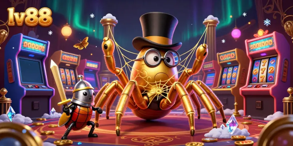 Witness the exciting adventure of lv 88, with a charming golden tarantula creating a casino web, as a brave beetle knight approaches.