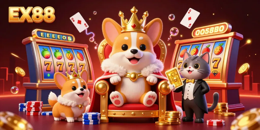 Exciting gambling scene featuring EX88 with slot reels, cards, and a royal corgi on a poker chip throne.