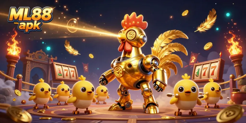 Engage with the ML88 apk slots collection featuring a golden rooster robot and baby chick drones.