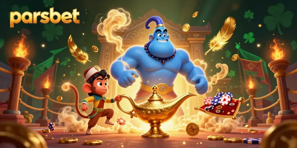 Engage with the dynamic world of parsbet, featuring a powerful genie, monkey, and vibrant casino elements.