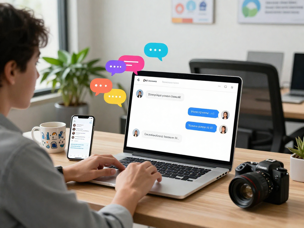 Engaging juicy chat ai interface on a modern laptop in a vibrant workspace.
