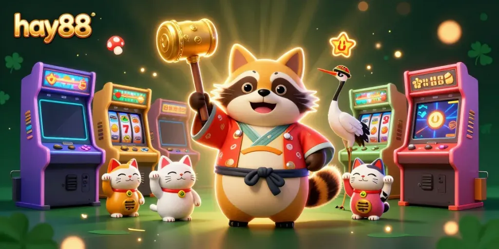 Experience thrilling gameplay with hay88 featuring a joyful tanuki and colorful characters amidst casino-inspired elements.