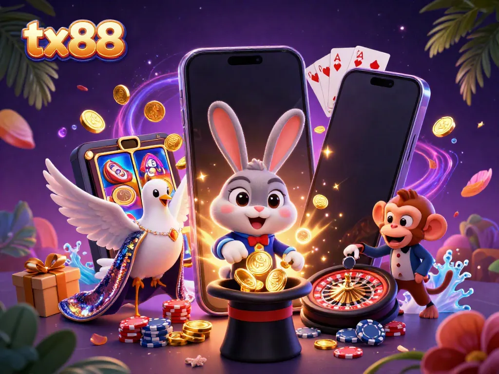 Experience the magic of tx88 with a vibrant 3D illustration featuring a magician rabbit, slots, and poker chips.
