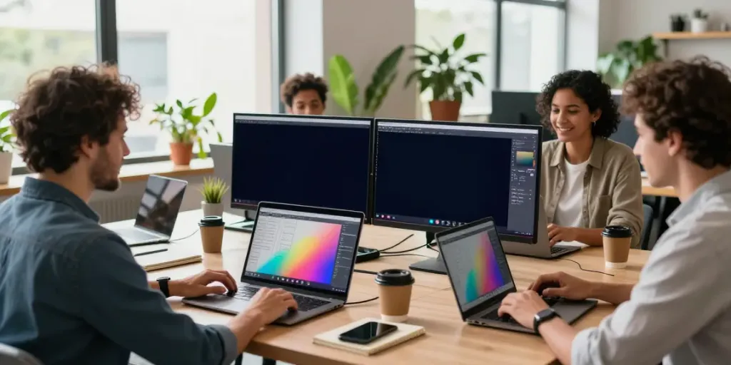 Find freelancers online collaborating in a modern workspace.