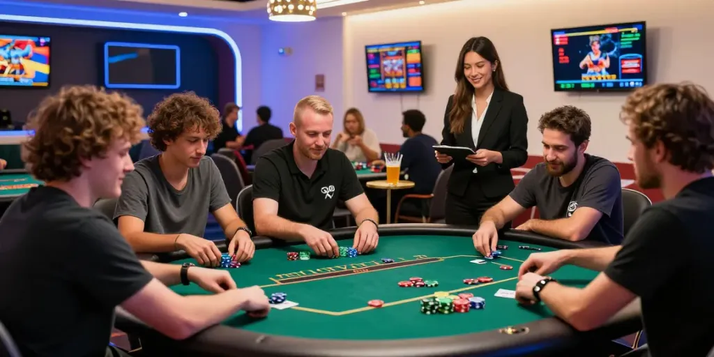 Players at Gem88 enjoying a lively poker game in a vibrant casino atmosphere.