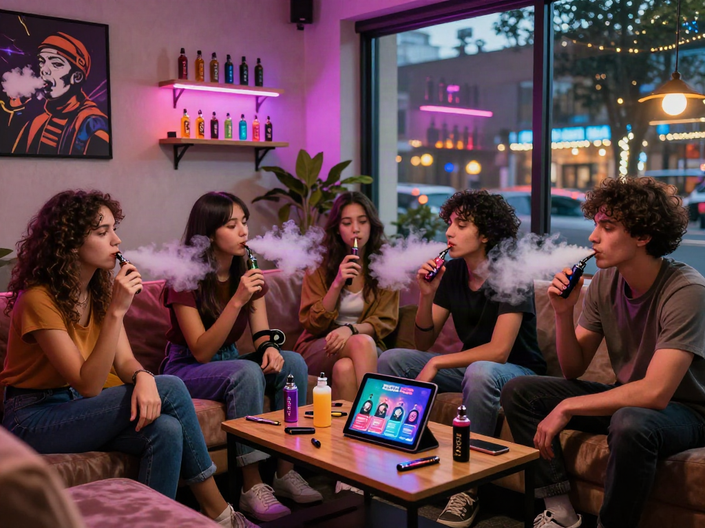 Relaxed urban lounge with people enjoying raz vape devices in vibrant, cozy setting.