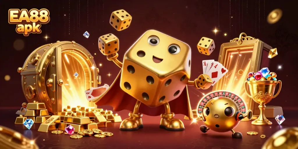 Experience thrilling gameplay with EA88 apk showcased in a dynamic casino scene filled with vibrant golden treasures and adventure.