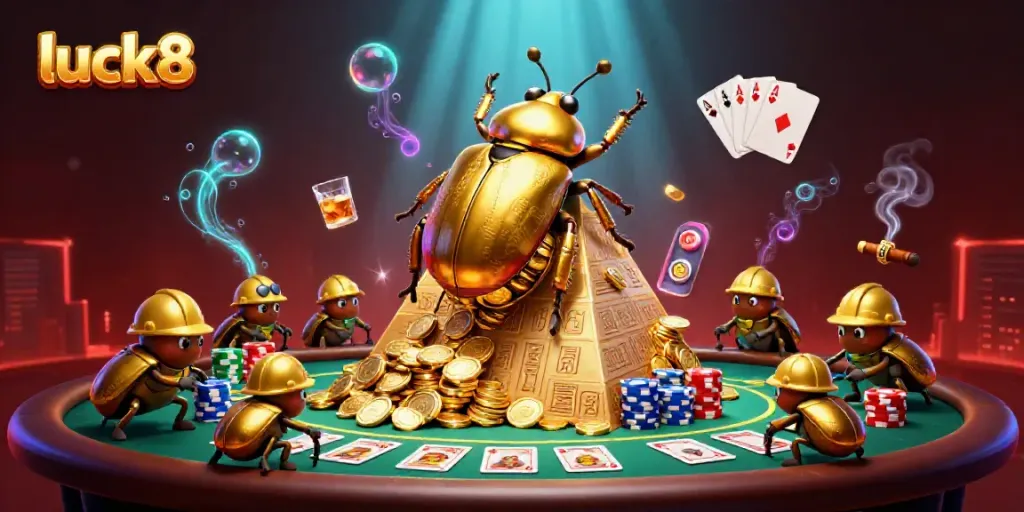 Engage with luck8 in this vibrant 3D scene featuring a golden beetle and poker elements.