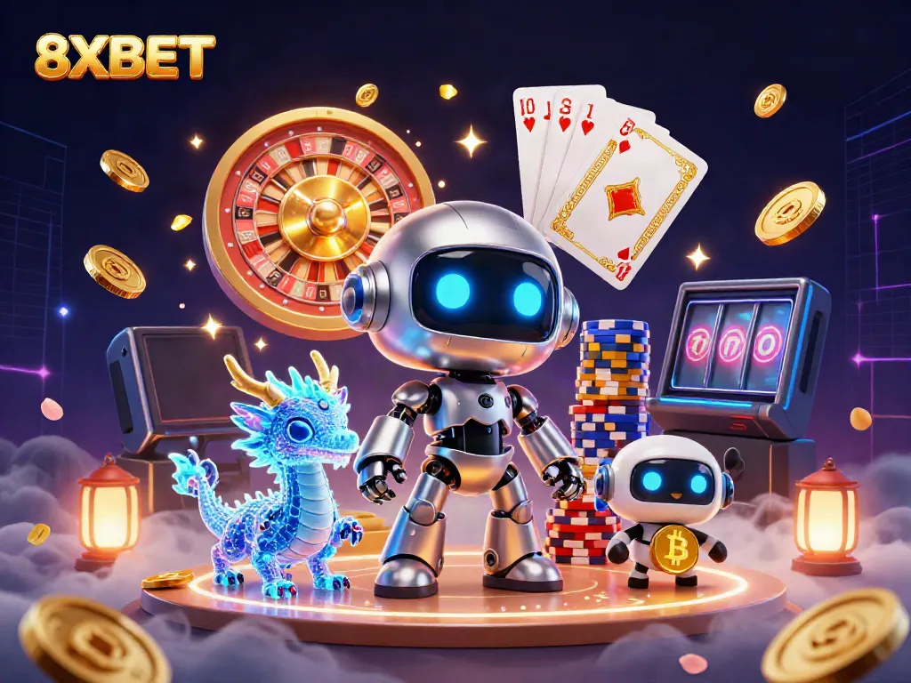 Experience exciting gameplay with 8XBET's vibrant 3D casino scene featuring engaging gaming elements.