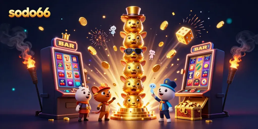 Experience thrilling gaming at sodo66 with vibrant casino elements and golden totems in a dynamic illustration.