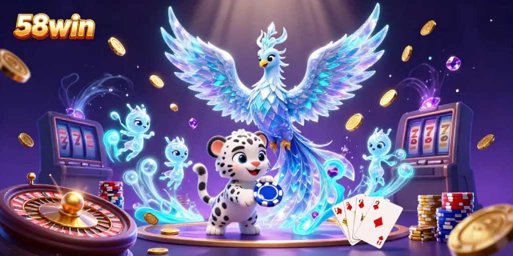 Experience the excitement of 58win with an enchanting illustration of an ice phoenix among casino elements.
