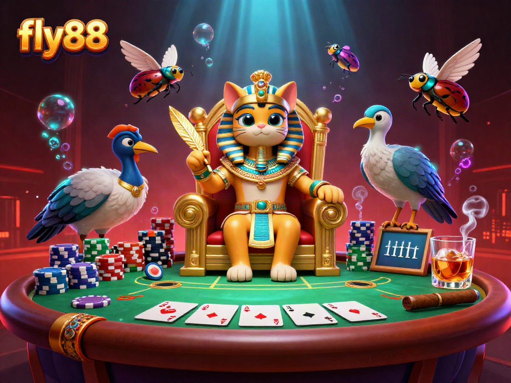 Fly88 showcases an Egyptian pharaoh cat presiding over a lively poker scene with chips and cards.