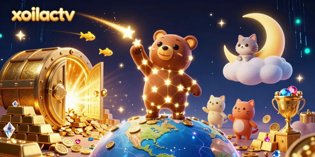 Experience the magic of xoilactv as a constellation bear scoops coins under a starry sky.