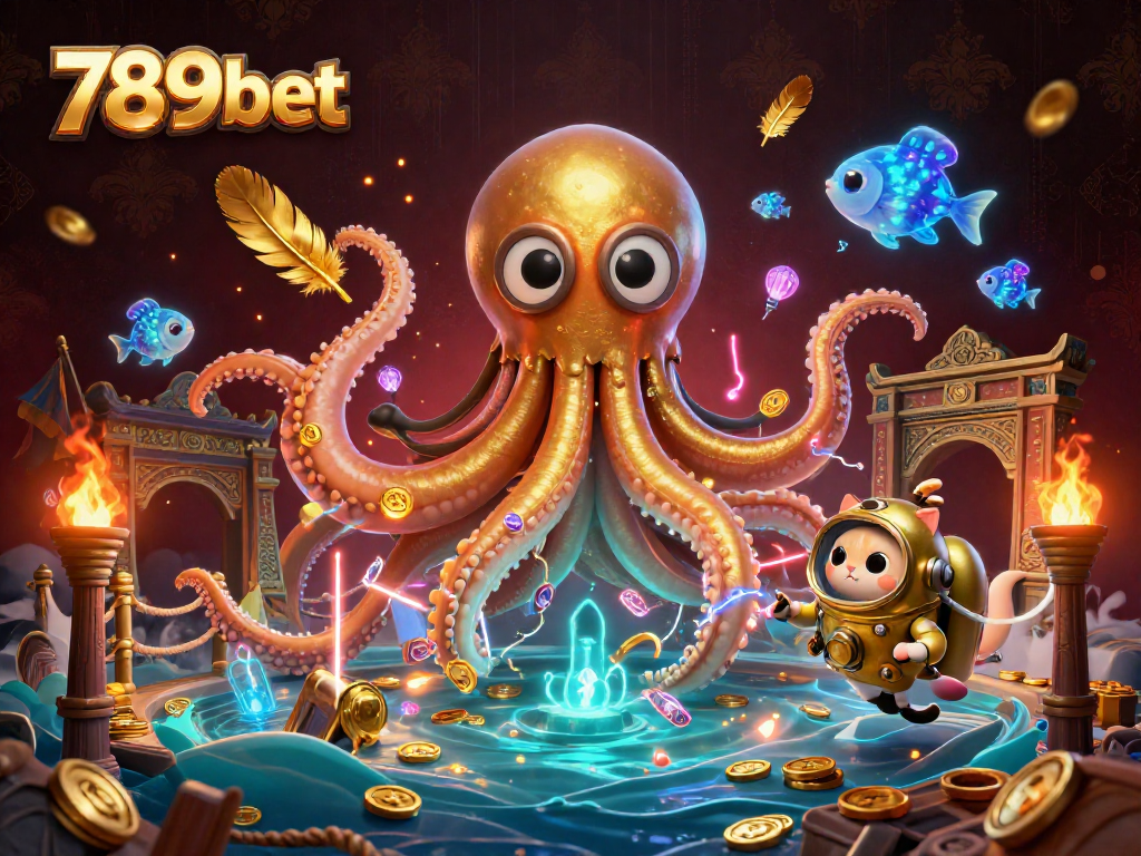 Experience thrilling casino action with 789bet featuring a colossal kraken and diving cat.