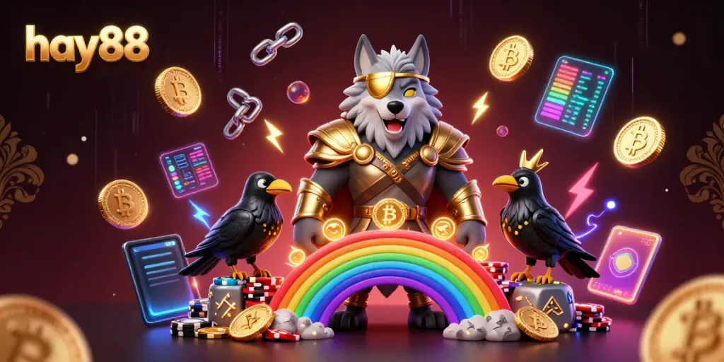 Experience the thrill of hay88 with vibrant Norse-inspired casino characters amid neon elements.